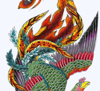 Illustration japonaise le phoenix Ho-o 👹 Nuevo Mundo studio de tatouage japonais à Strasbourg