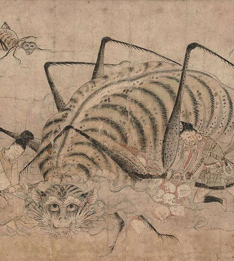 Illustration japonaise Jorogumo Yorimitsu killing a tsuchigumo 👹 Nuevo Mundo studio de tatouage japonais à Strasbourg